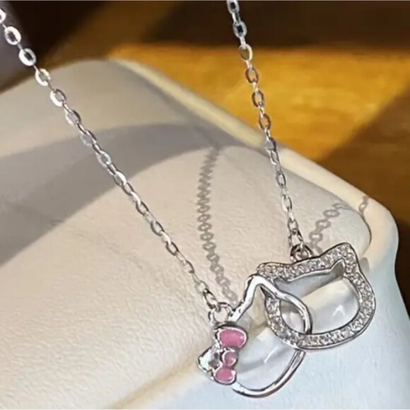 Hello Kitty Rhinestone Pendant Necklace Sparkling Silver & Pink Charms - Picture 3 of 3